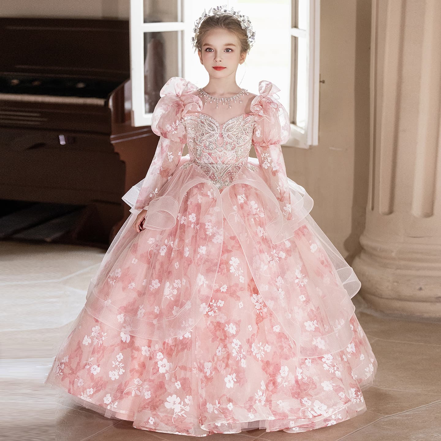 Pink Girl's Birthday Dress French Flower Girl Princess Dress Children's Host Piano Performance Outfit Autumn Winter