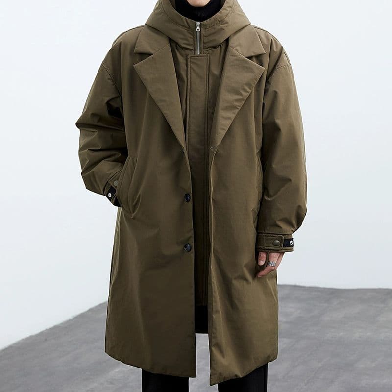 2023 Winter New Style Korean Style Coat Jacket Men's Trendy Fake Two-Piece Hooded Mid-Length Windbreaker Parka Men
