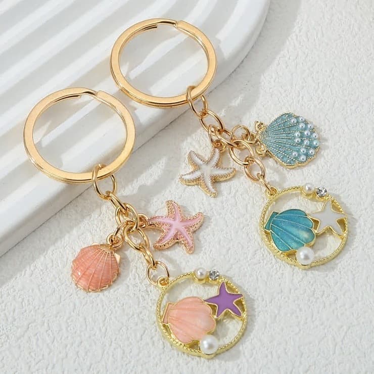 Cross-border Shell Starfish Keychain Alloy Oil Drop Pendant Exquisite Girl Bag Pearl Key Chain Gift Accessories