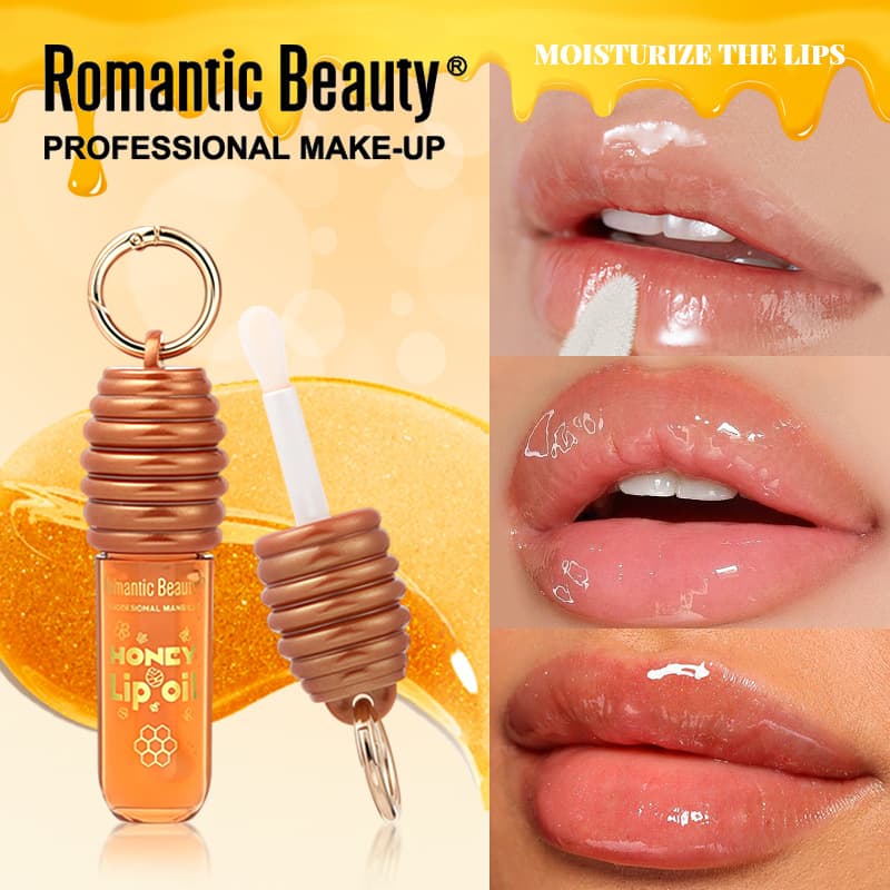 Cross-Border Popular Honey Lip Oil Essence Moisturizing Lip Balm Nourishing Lip Gloss with Keychain That Can Be Hung on a Bag, Plumping Lip Glaze