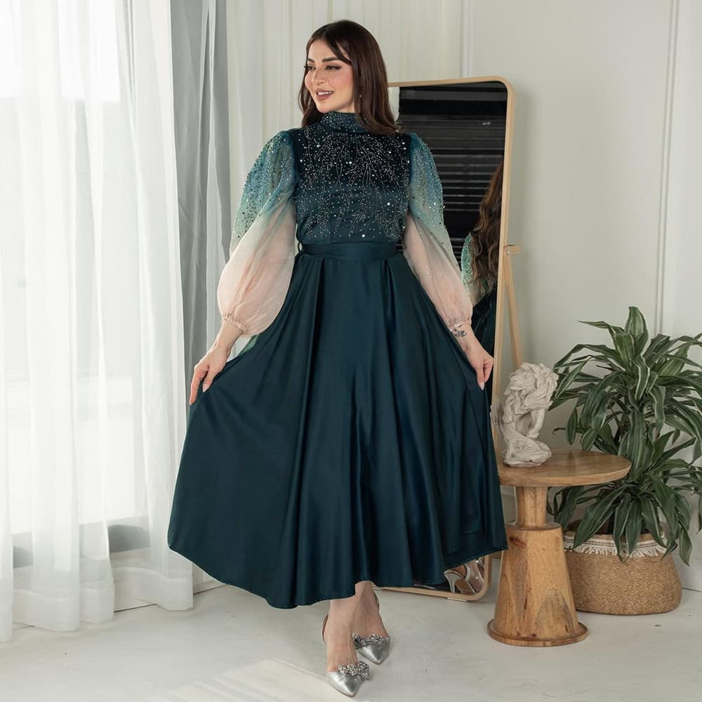 XQY500287 jalabiya hot diamond robe puff sleeve evening dress gradient dress