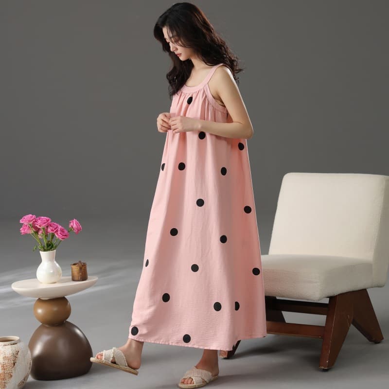 Caini Qing Cloud Cotton Padded Camisole Sleep Dress, Summer Long Nightgown for Girls, Korean Loose Fit Dress