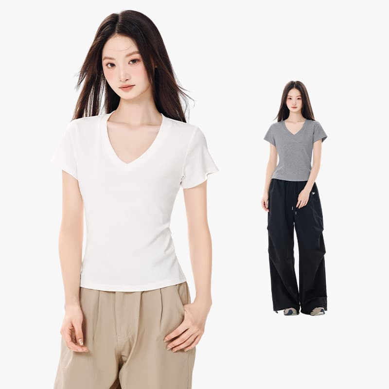 Solid Color V-Neck Short Sleeve T-Shirt for Women, New Summer Style, Slim Fit, Shoulder-Emphasizing Crop Top, Undershirt
