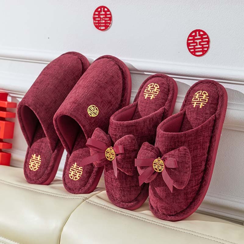 Wedding Slippers for Women, Autumn and Winter Couple Home Use, Fleece-Lined Warm and Non-Slip, Festive Red Cotton Slippers for Men