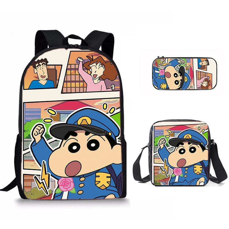 Cross-border Crayon Shin-chan backpack, shoulder bag, pencil case three-piece set cute student campus lightweight large-capacity school bag