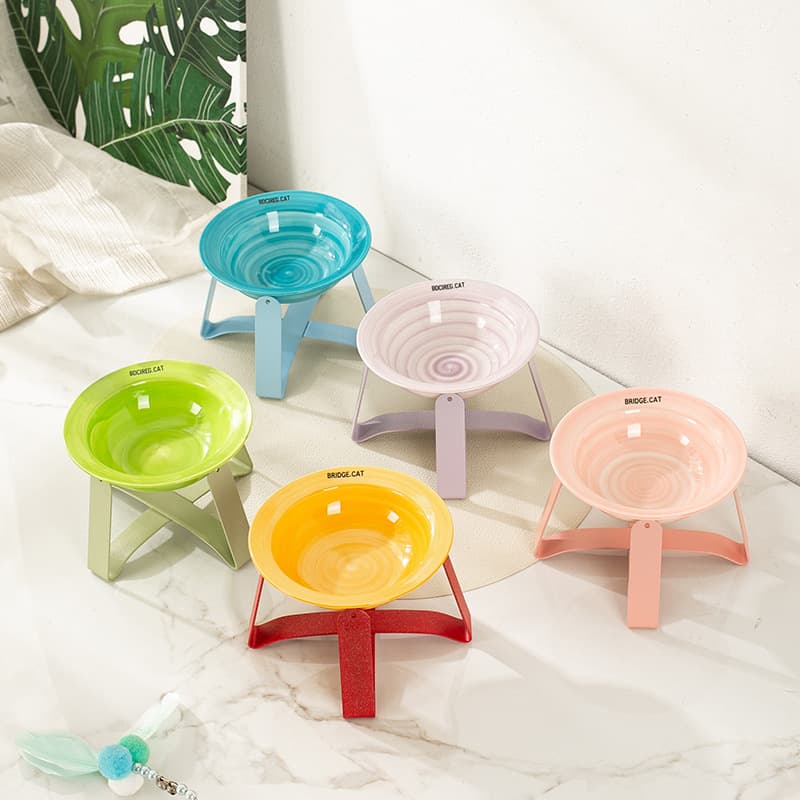 Alps BD flying saucer cat ceramic pet bowl iron frame neck guard canned water bowl shallow mouth white porcelain tableware