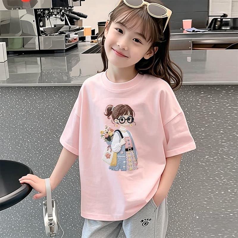 Girls Short Sleeve T-Shirt Summer 2026 New Style Children Fashionable Summer Wear Cotton Breathable Base Top