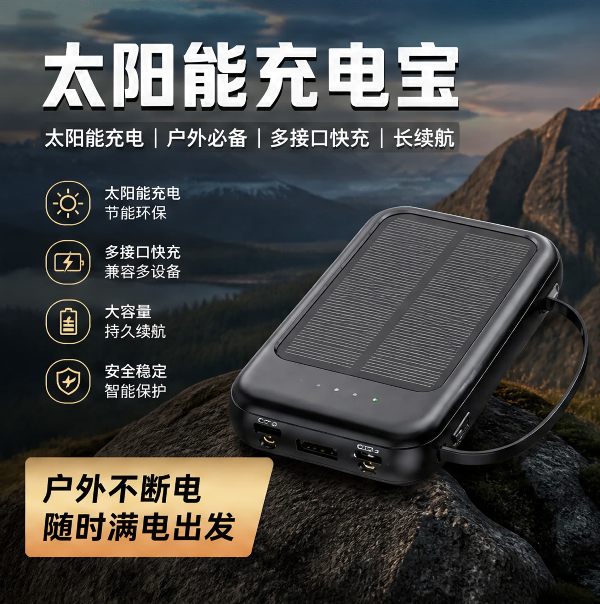 Solar power bank 20000 mAh with own cable portable power bank wholesale gift LOGO large capacity