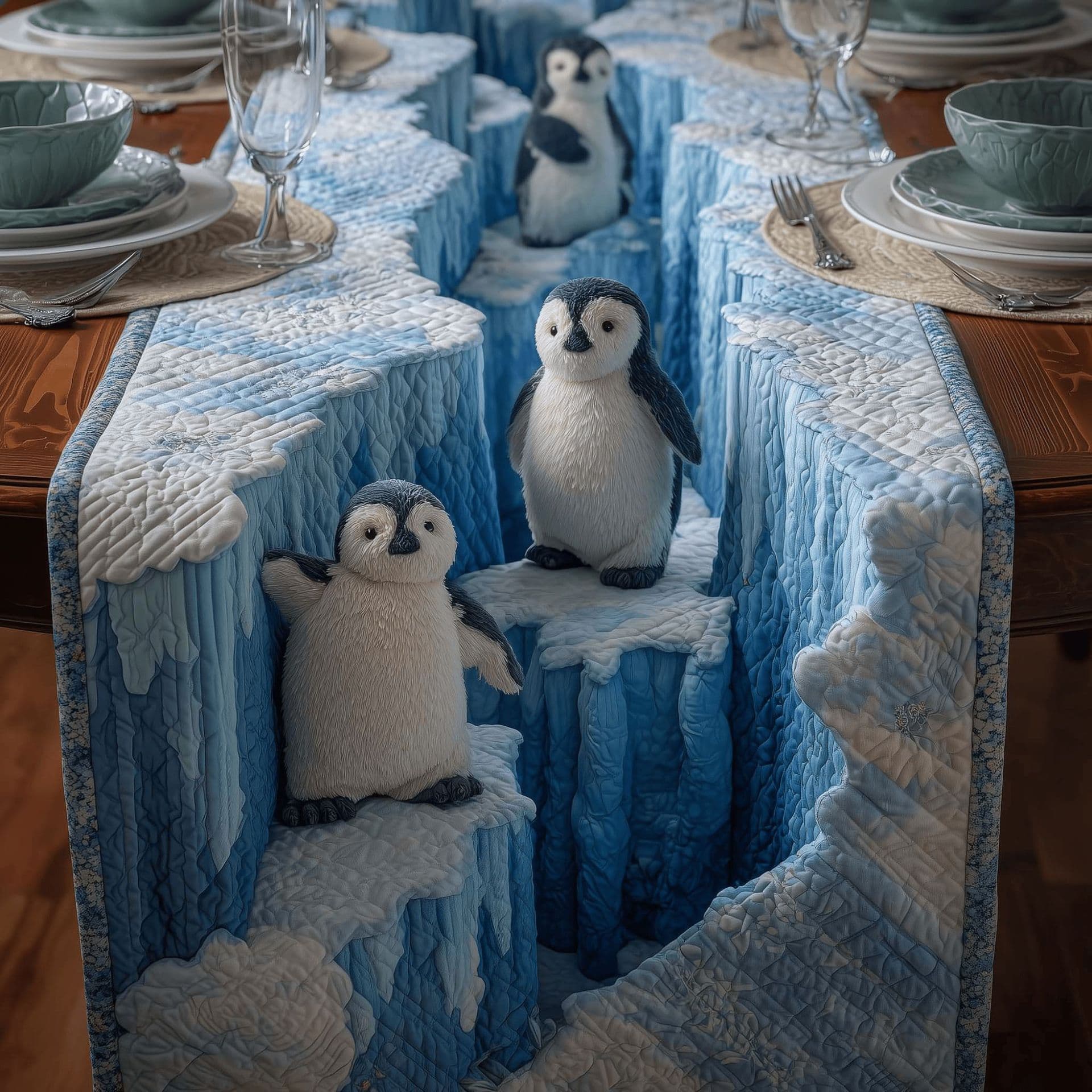 Cute Penguin Quilted Table Runner Tablecloth Printed for Export, All Seasons, Factory Direct