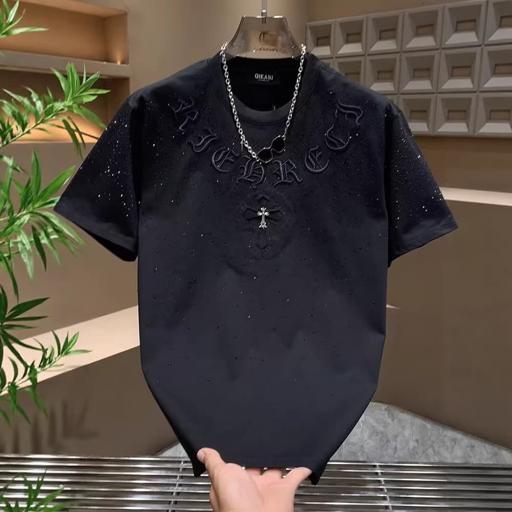 Summer short-sleeved T-shirt men's baby's breath hot diamond T-shirt round neck loose half-sleeved light luxury trend black and white same style full print