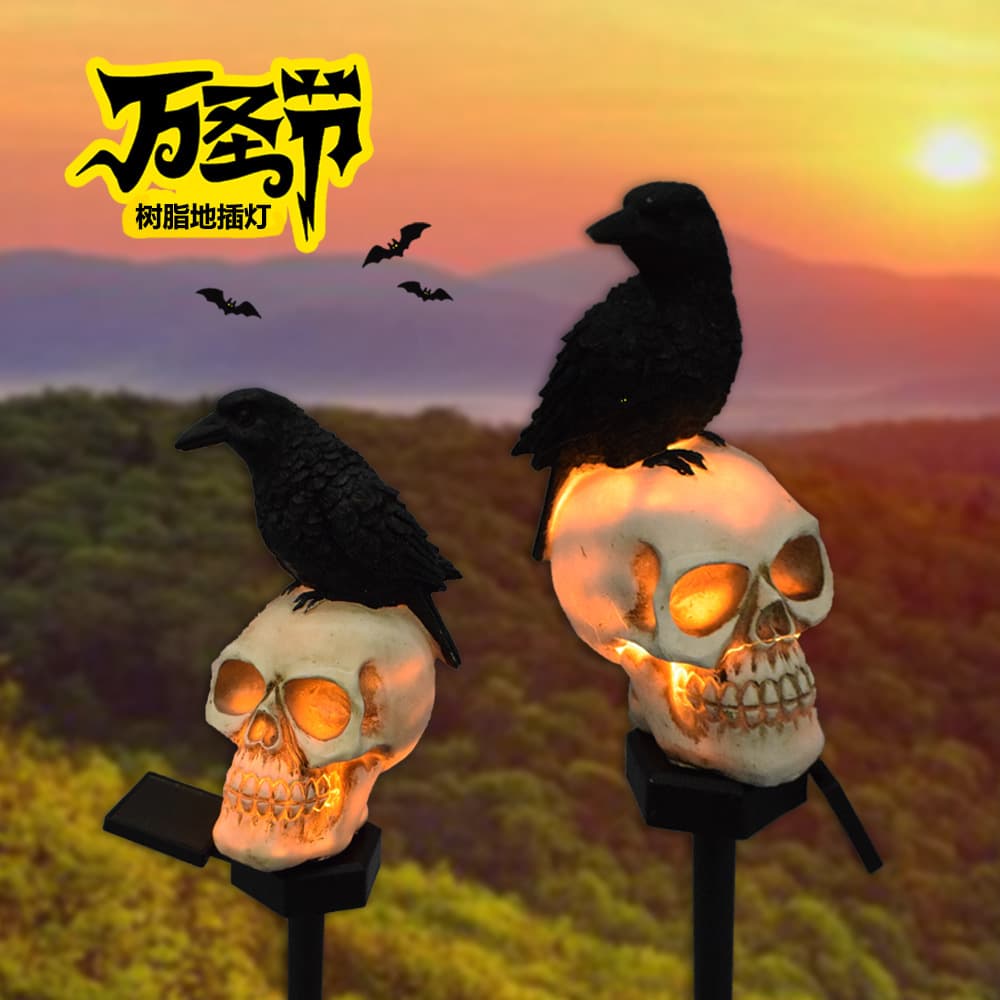 Solar Powered Resin Halloween Crow Outdoor Decorative Garden Lamp Waterproof Landscape Lighting Animal Shape Continuous Illumination