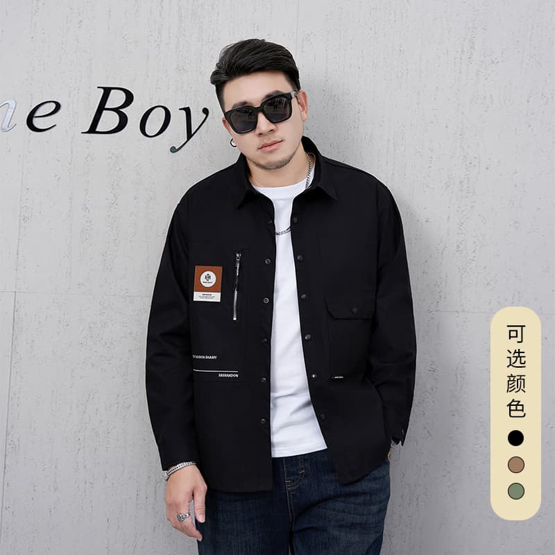 Plus-size men's workwear jackets and shirts, autumn trendy single-breasted lapel multi-pocket loose-fitting men's shirts and coats.