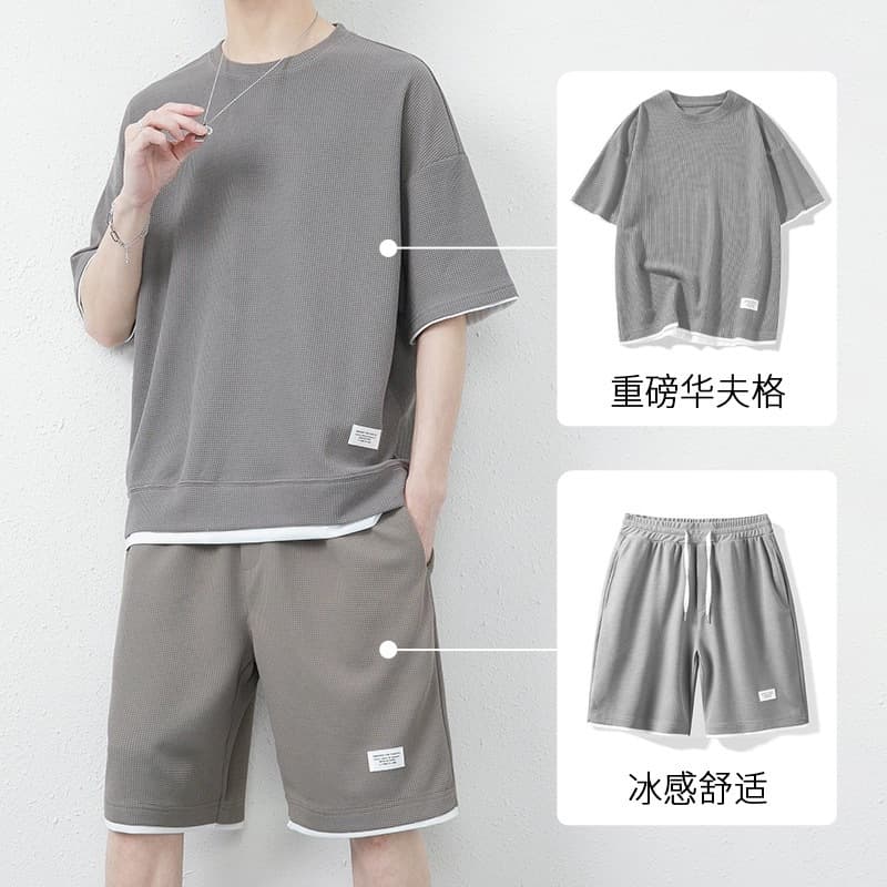 Waffle Shorts Suit Men's Summer Ice Silk Short-Sleeved Men's Suit Handsome Trendy Casual Sportswear