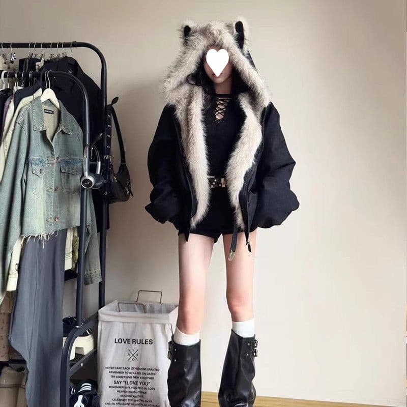 Zuoshandiao Fluffy Fur Collar Cotton Coat Jacket Men Women Lined Thickened American Winter Cotton Jacket Cat Ears