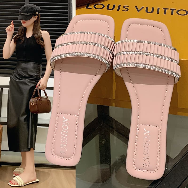 Large Flat Sandals for Women, Square Toe Casual Fashion Home One-Strap Slippers