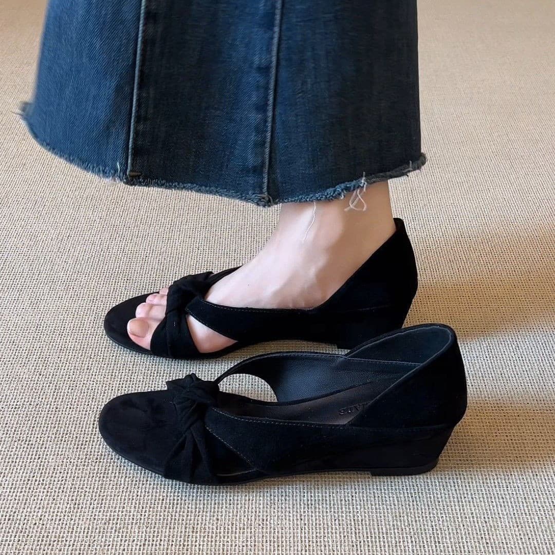 Sheepskin Version~3.5cm French Cross Knot Round Toe Open Toe Comfortable Simple Versatile Non-Fatiguing Wedge Sandals