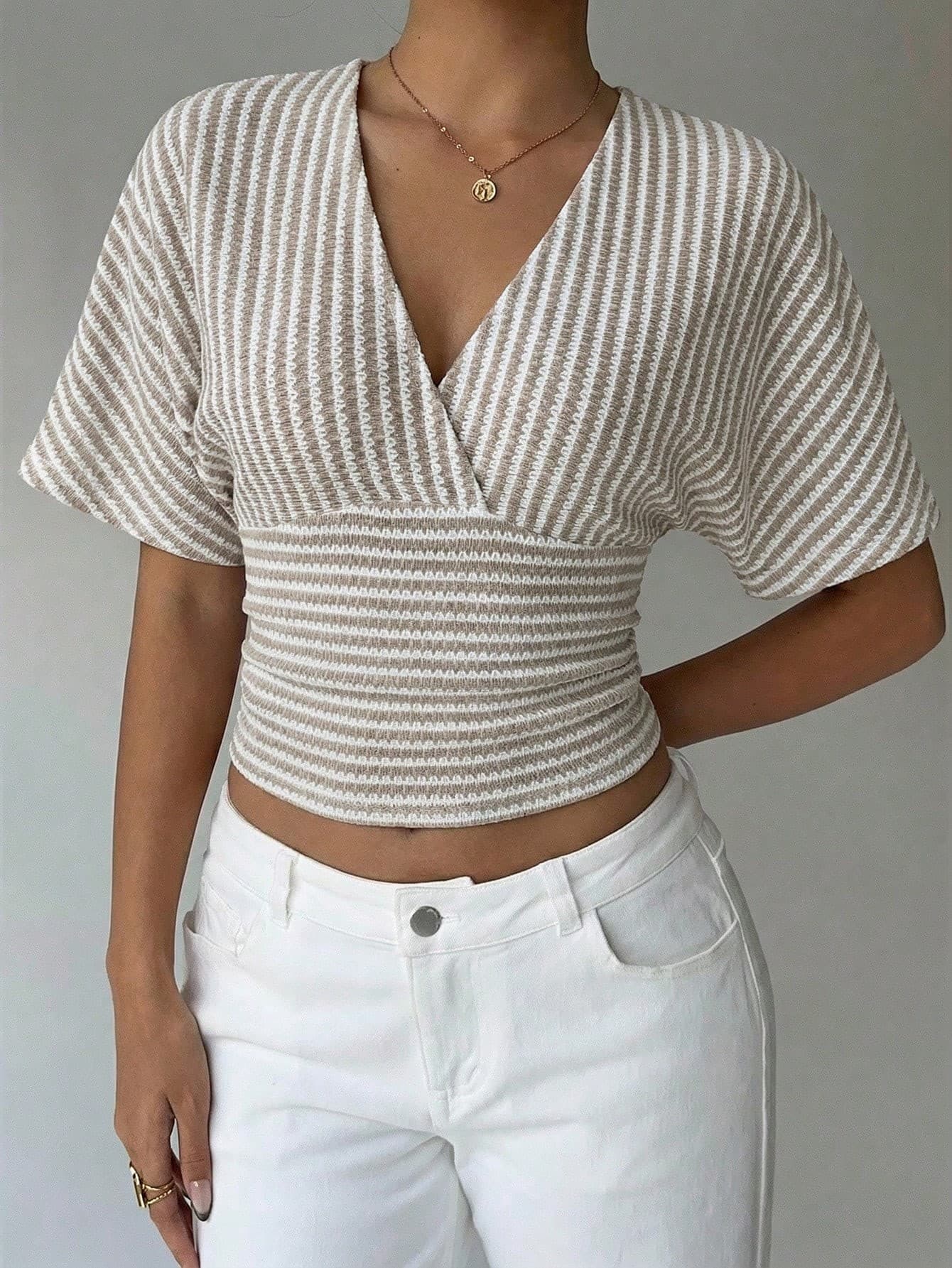 2026 V-Neck Striped Waist-Cinching Short T-Shirt for Women, Batwing Sleeve Slimming Trendy Top Knitwear Batwing Sleeve Top