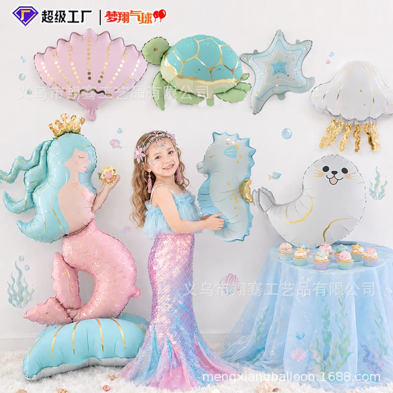 Amazon Underwater World Themed Cartoon Balloons - Standing Mermaid, Seahorse, Whale, Starfish, Shell Balloons