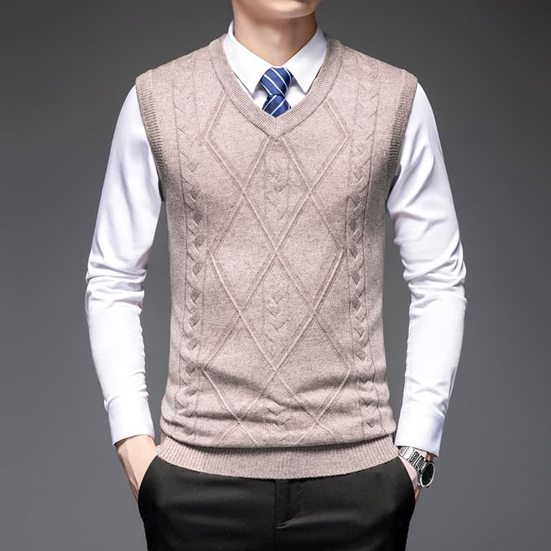 Men's wool-containing vest spring and autumn casual V-neck sweater solid color base shirt business fashion style