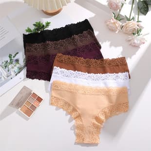 New European and American Style 95% Cotton Bikini Panties for Women, Lace Trim Triangle Panties, Comfortable Full Cotton Gusset