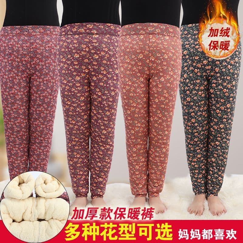 Floral cotton pants for women, thickened with velvet, high waist, high elasticity, large size, warm pants for mothers, middle-aged and elderly cold-proof warm pants