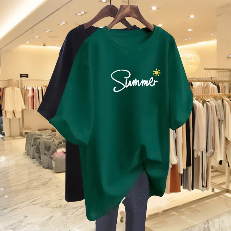 Plus Size Women's 120kg Letter Print Top Summer 2026 New Style Mid-Length Short-Sleeve T-Shirt Trendy for Women