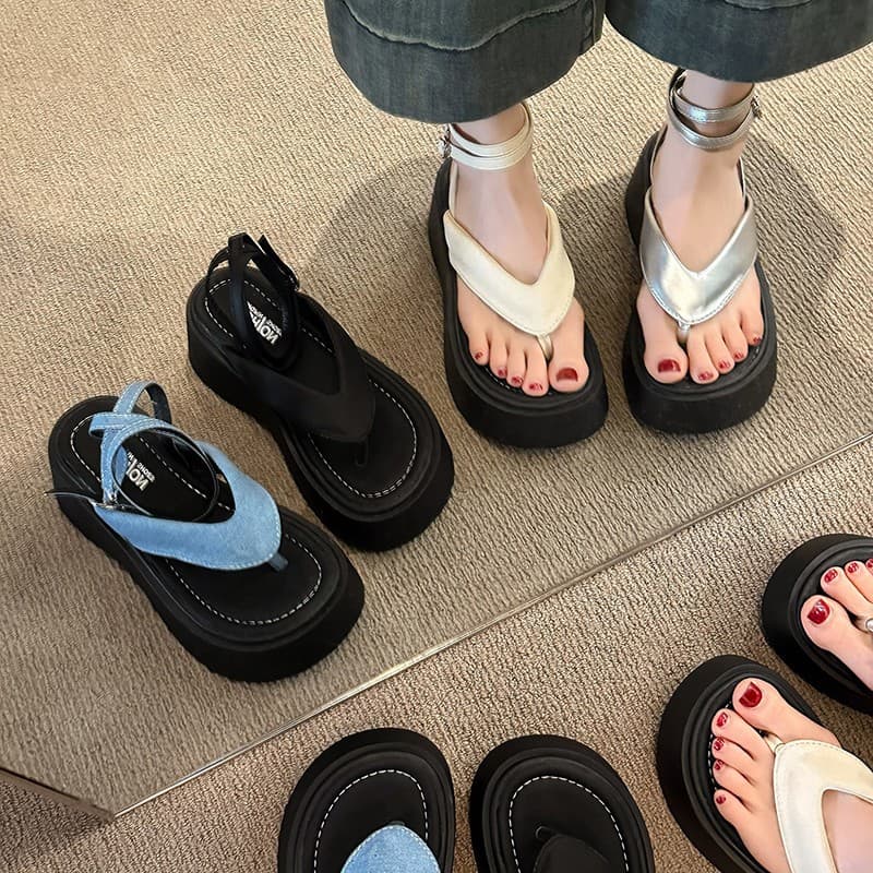Black Chunky Platform Sandals for Women Summer 2025, Versatile for Dresses, Lace-up, Soft Sole, Comfortable