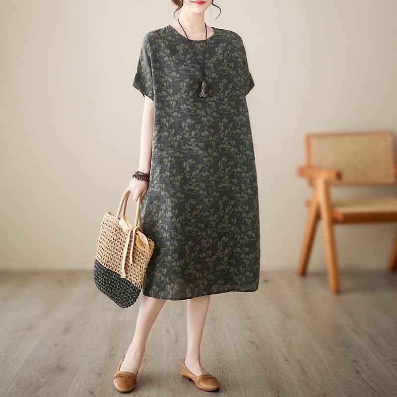 Plus Size 2023 New Style Slimming Cotton Linen Dress Women's Medium-Length Slim Fit Belly Covering Mother Dress Plus Size Gown