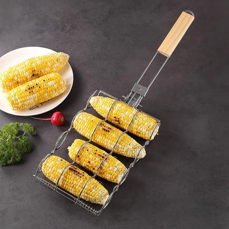 Manufacturer wholesale BBQ barbecue tools convenient corn grilling net clip foldable long wooden handle anti-scalding grilling net clip