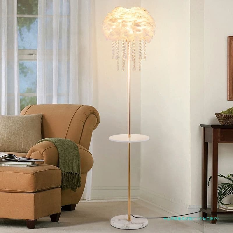 Feather Floor Lamp with Crystal Storage Coffee Table for Living Room, Bedroom, Bedside, or Next to Sofa, in a Light Luxury Nordic Cream Style