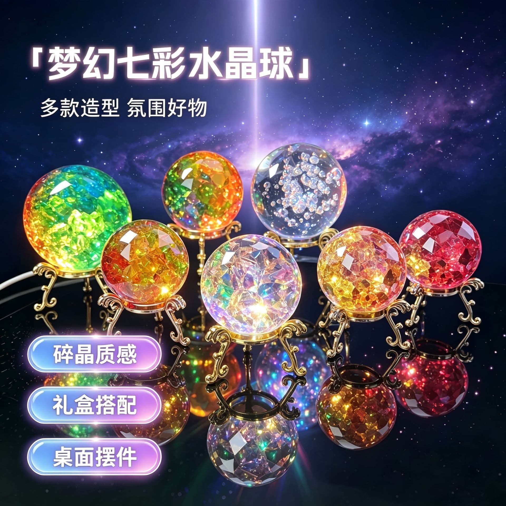Colorful crystal ball ornaments, corporate souvenirs, cross-border luminous crystal ball, ice crack ball, luminous crystal seven-star array