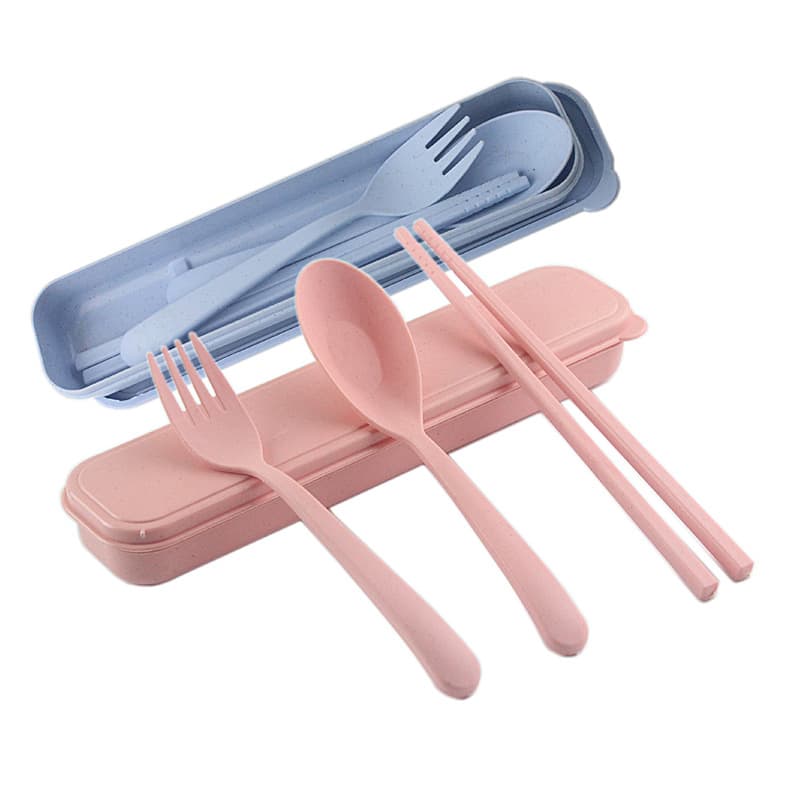 Wheat Straw Utensil Three-Piece Set with Spoon, Fork, and Chopsticks, Student Portable Utensil Gift Set with Custom Logo