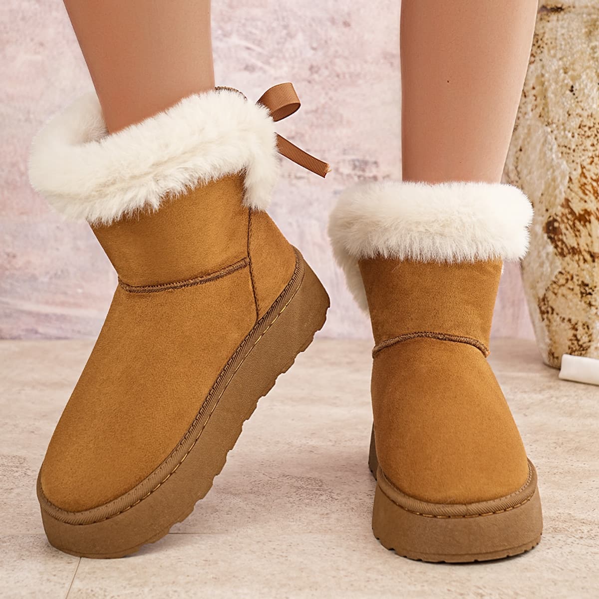 Cross-border Thick Sole Snow Boots for Women 2025 Winter Export Large Size Bowknot Fleece-Lined Cotton Shoes with Fur Collar