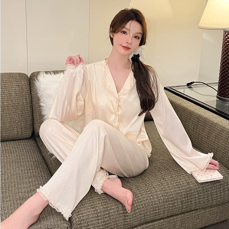 Spring Summer Thin Ice Silk Women's Pajamas Wave Solid Color Double Long Sleeve Cardigan Trendy Homewear Satin Silk
