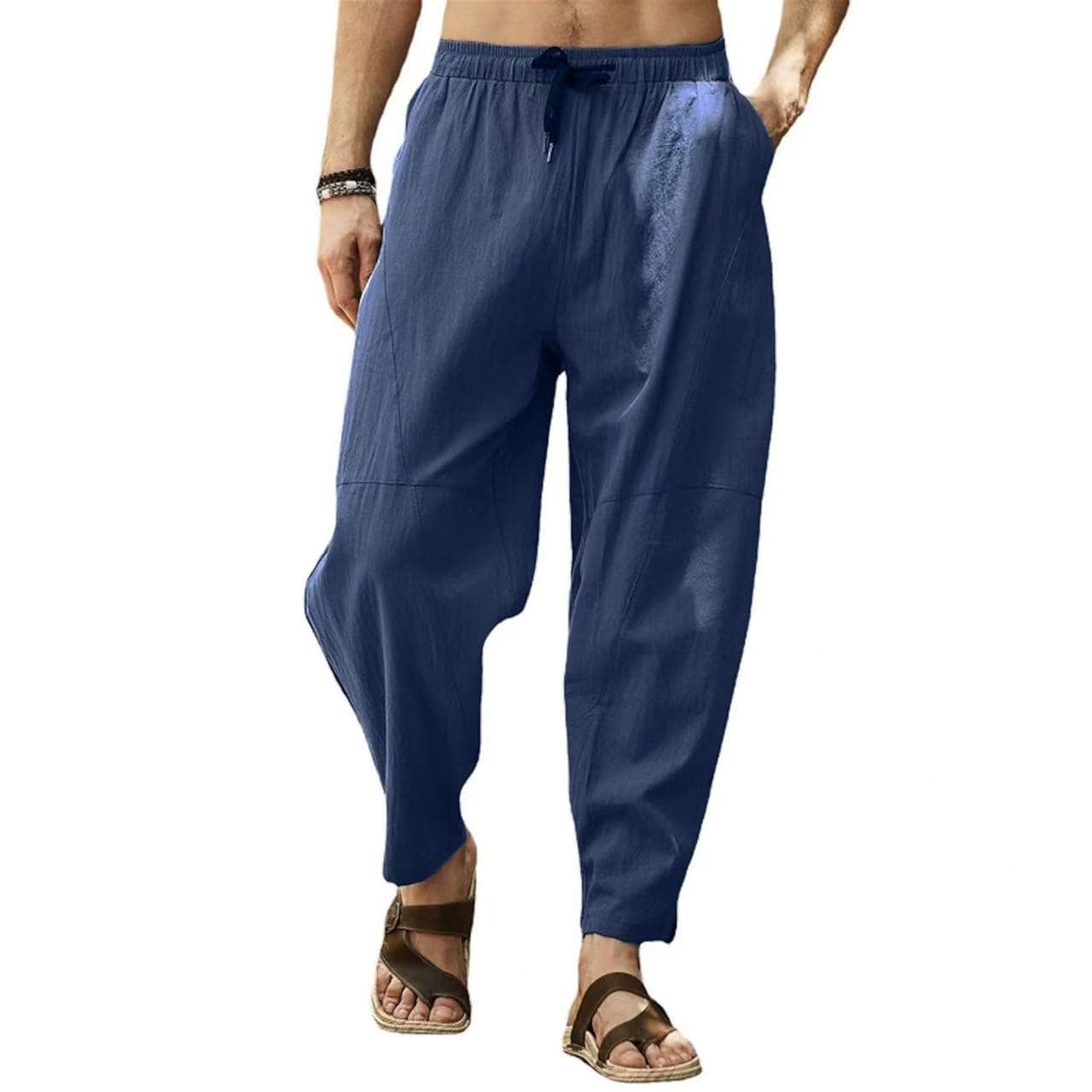 Cross-border foreign trade spring and summer men's cotton and linen casual pants, low-end harem pants, loose sports tethered beach linen trousers