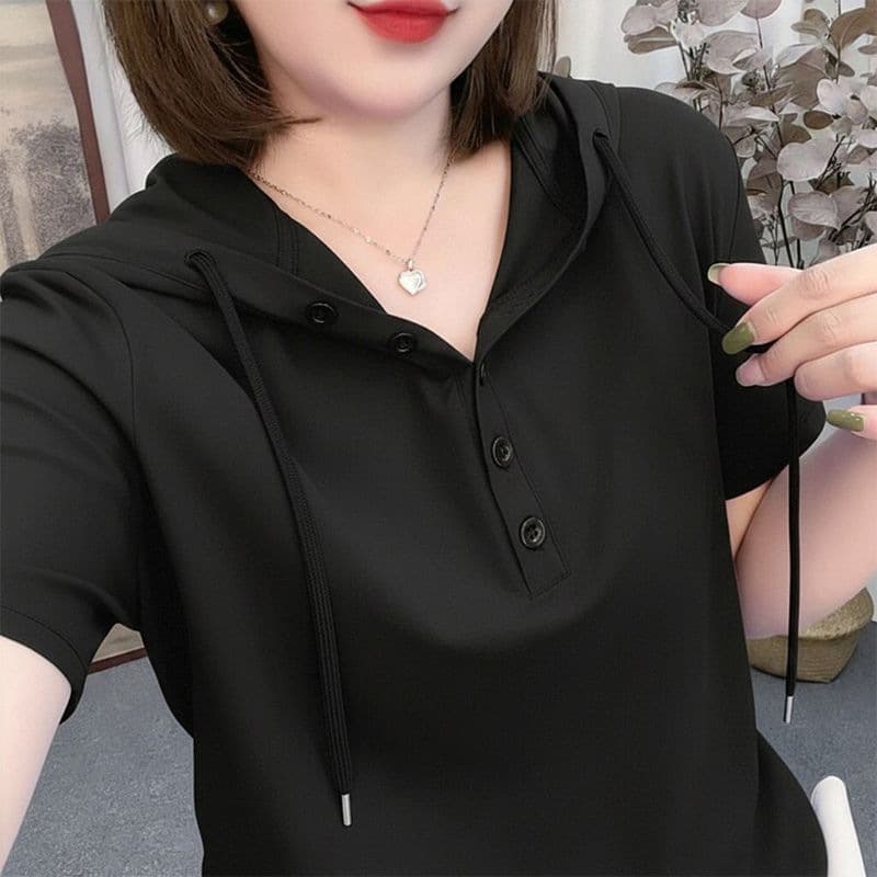 [Combed Cotton 95% Cotton 5% Spandex] Women's Summer Versatile Stylish Youthful Short-Sleeve Trendy Fashion Hooded Button T-Shirt