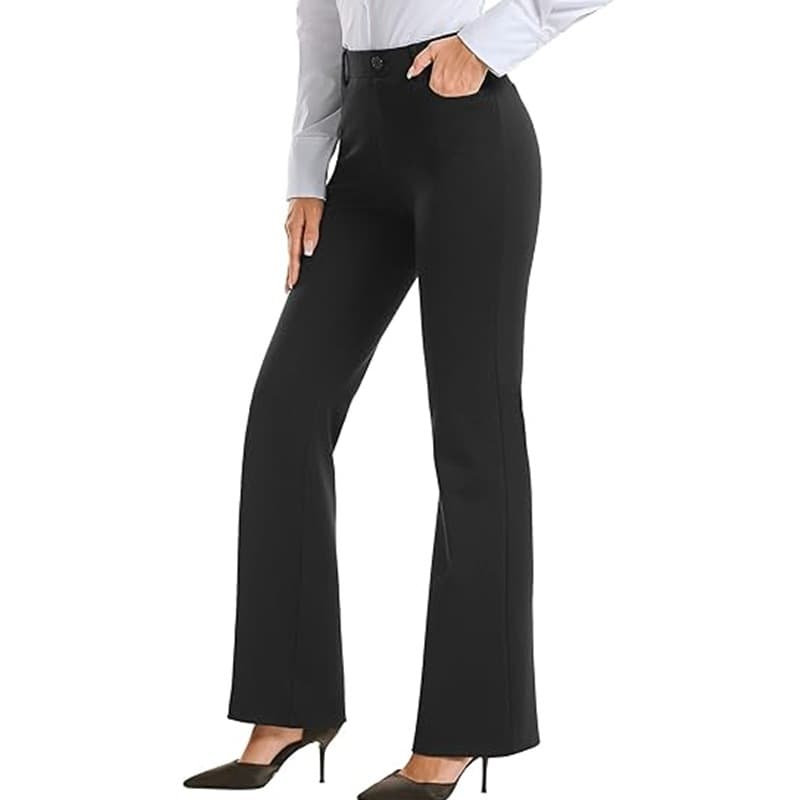 Women's Business Casual Trousers with Pocket Covers Regular Fit Office Work Pants Straight Leg Long Polyester Fiber