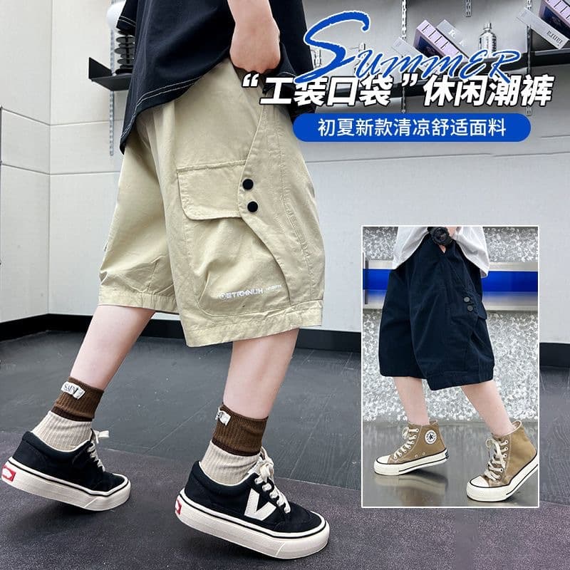 Boys Summer Cargo Shorts 6-12 Years, Thin Loose Mid-Length Shorts for Older Children, Casual Five-Point Shorts