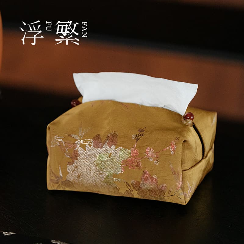 Floating gold silk tissue box tea room tissue storage bag decoration living room light luxury paper box napkin box fabric cover