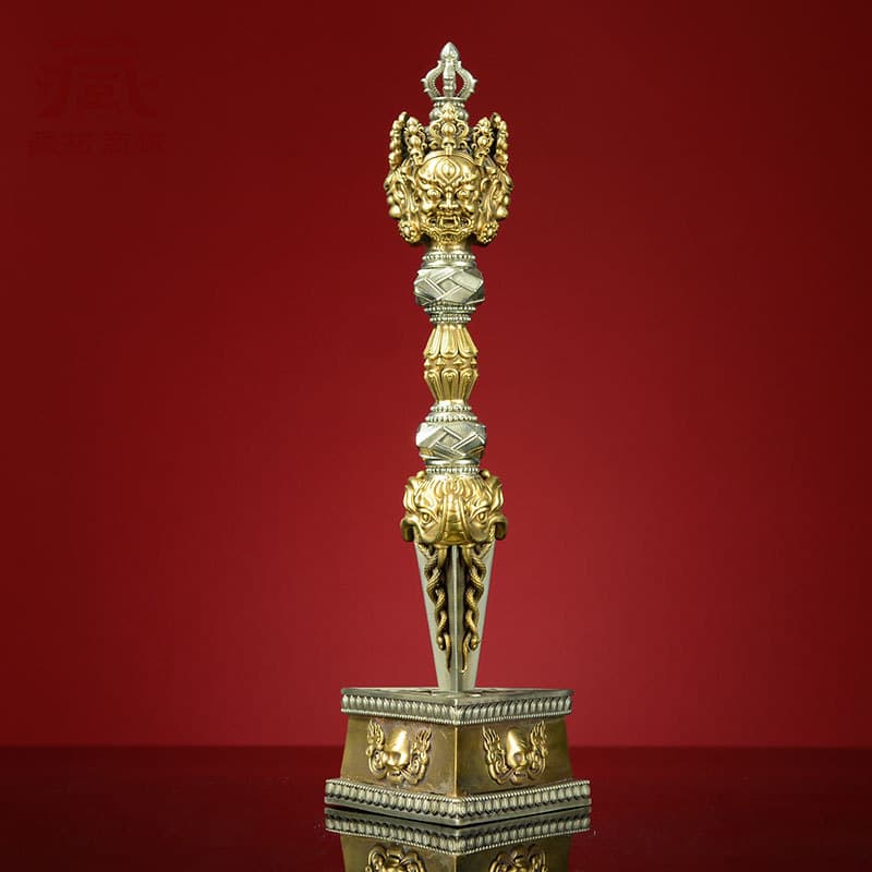 Tibetan Village Five-Prong Vajra Kila Ornament, Tibetan-style Living Room Copper Carved Vajra Pestle, Complete Set with Base Decorative Piece
