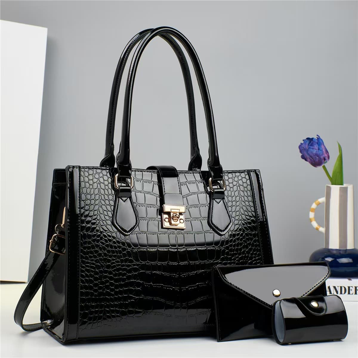 2026 New Cross-Border Versatile Glossy Crocodile Pattern 2-Piece Set Mom Bag Fashion Handbag Women's Shoulder Crossbody Bag
