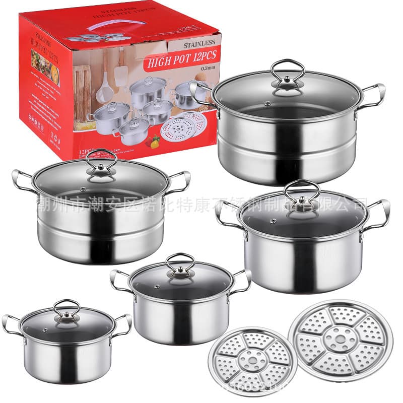 New Thickened Multi-Layer Bottom Stainless Steel Pot with Lid Cookware Set, Multi-Functional Kitchen Home Soup Pot, Frying Pan, Steamer Pot