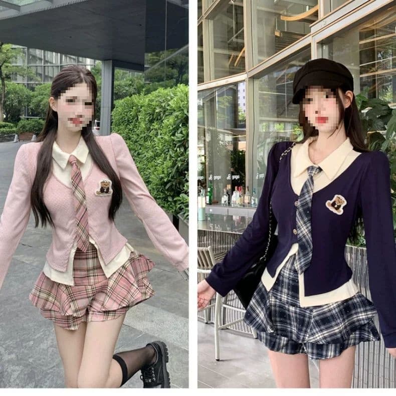 Plus Size Korean Style School Style Shirt Dress for Women, Spring and Autumn, Slightly Chubby Hot Girl Uniform Top and Skirt Two-Piece Set