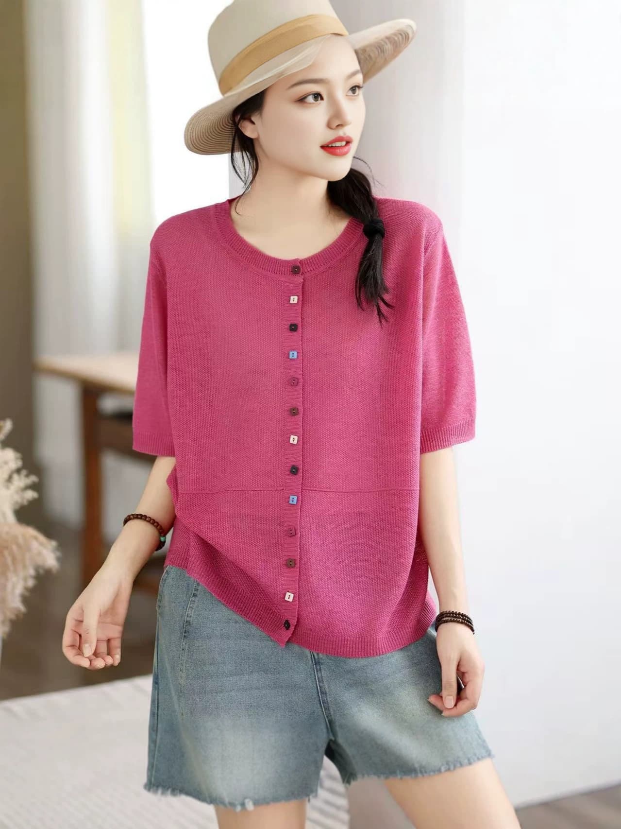 2026 Summer Knit Cardigan for Women, Short Sleeve, Colorful Buttons, Lightweight, Skin-Friendly, Loose, Casual, Campus Style Knit Top
