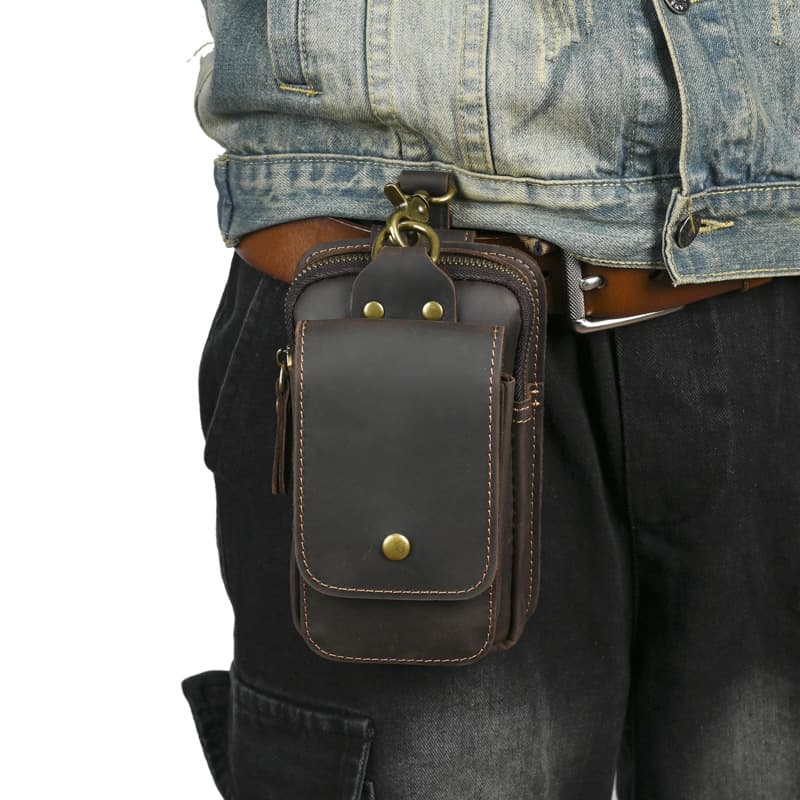 Crazy Horse Leather Men's Waist Bag Genuine Leather Vintage Casual Phone Bag Top Layer Leather Belt Bag
