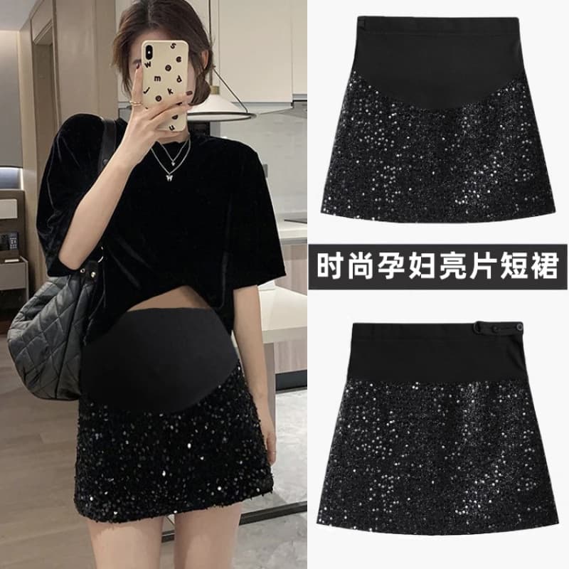 Maternity Sequin Skirt Spring/Autumn New A-Line Slimming Beaded Half Skirt, Fashionable and Versatile Bodycon Skirt for Fall/Winter