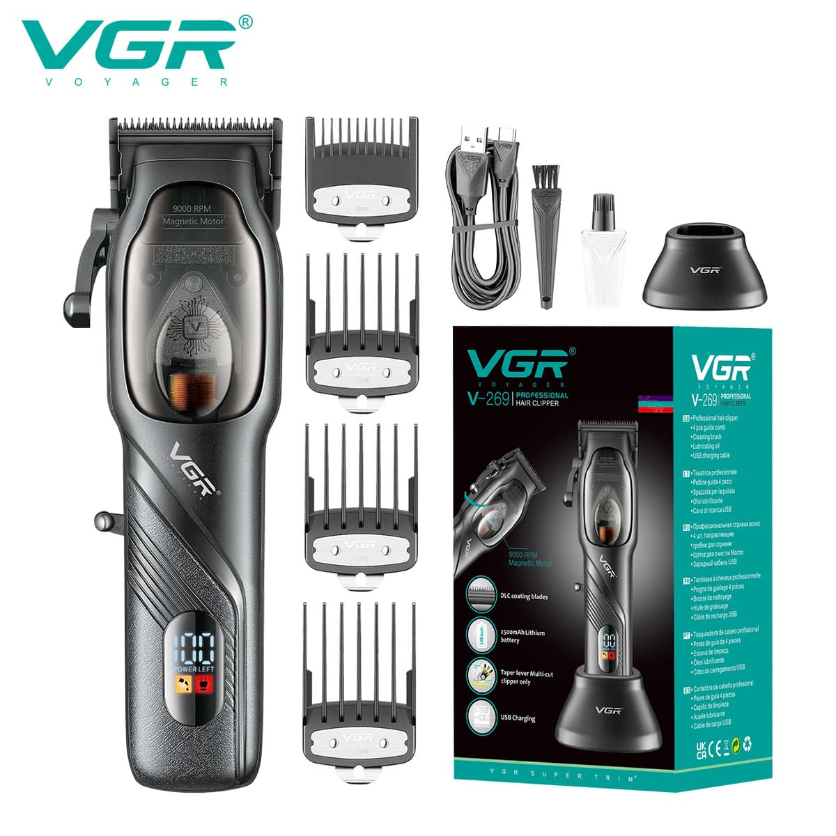 VGR269 oil head hair clipper gradient push white barber shop professional base model digital display electric clipper shaver
