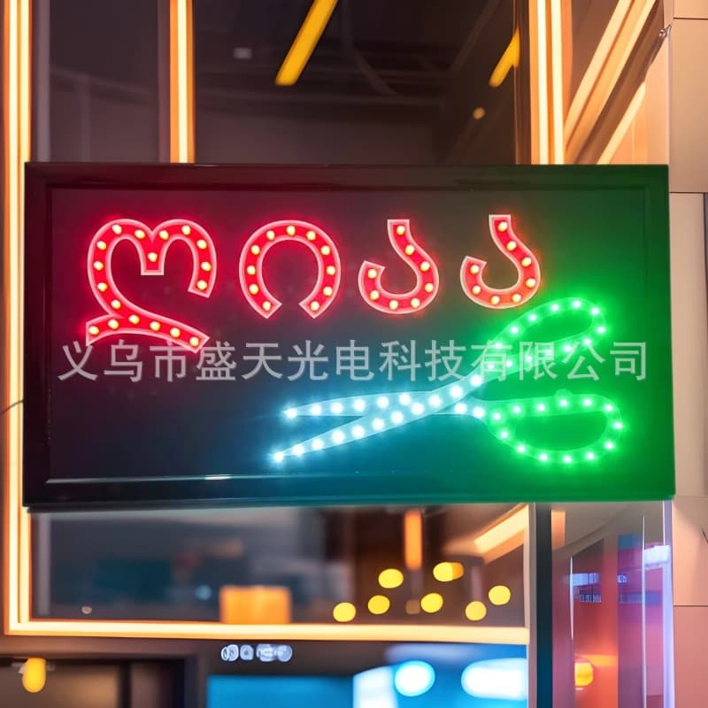 LED advertising signs, illuminated signboards, identification signs, barber LED sign boards, and Georgian "Open" signs.
