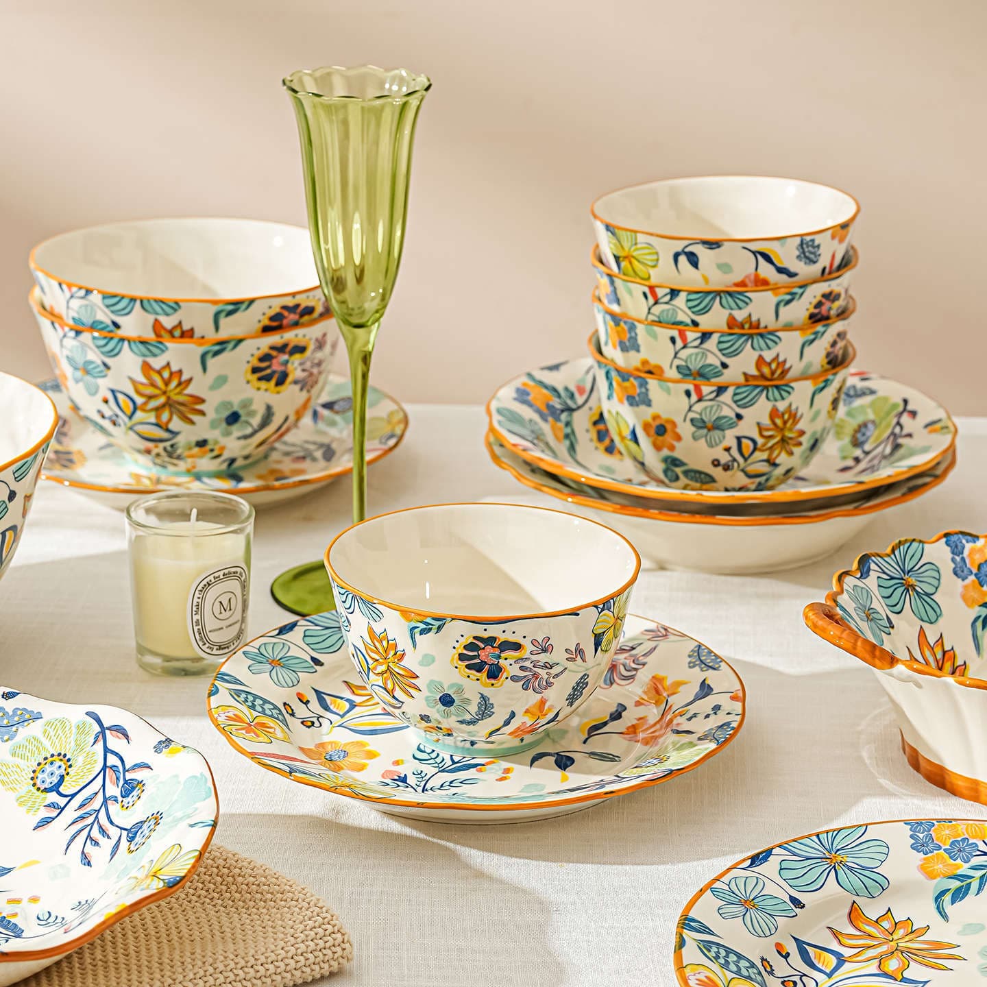 French Light Luxury Household Ceramic Rice Bowl Tableware Set Underglaze Color Rice Bowl Deep Plate Dish Plate Small Set