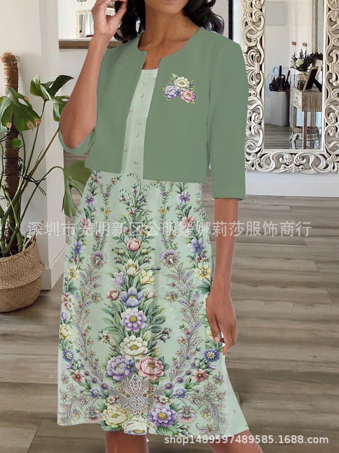 Amazon AliExpress Women's Summer Printed Elegant Camisole Dress and Cardigan Long Sleeve Jacket Two-Piece Set